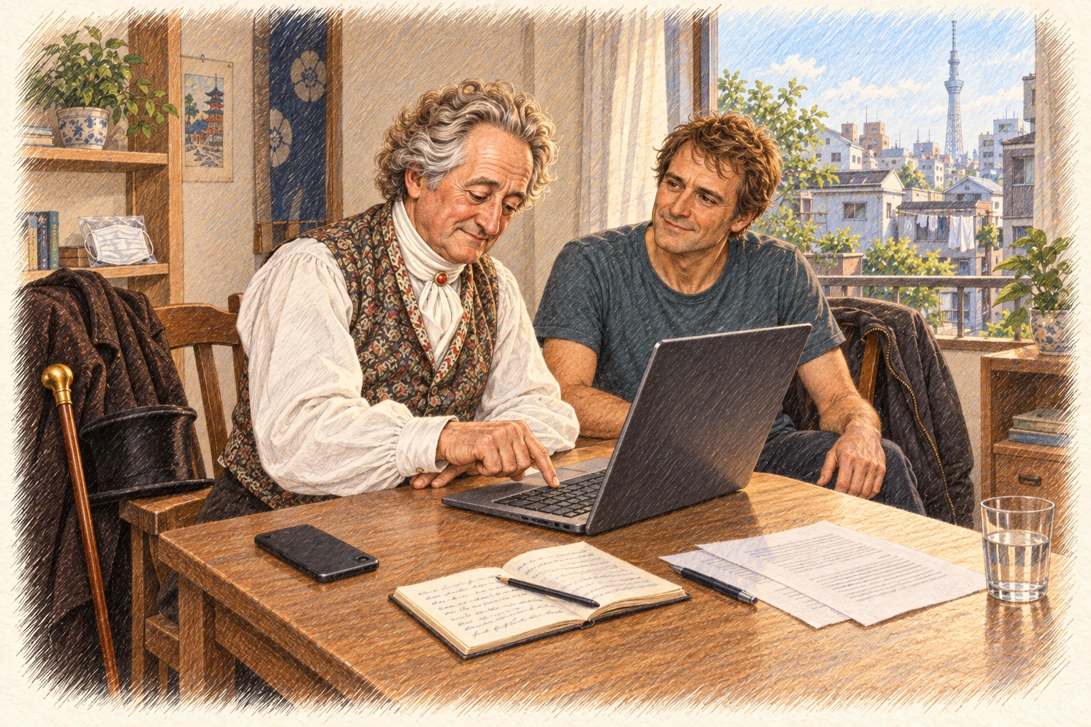 Goethe sitzt links am Schreibtisch und tippt vorsichtig mit einem Finger auf einer Computertastatur. Paul sitzt neben ihm. Notizbuch, Druckseiten und ein Smartphone liegen auf dem Tisch; vor dem Fenster zeigt sich Tokio mit dem fernen Skytree. Farbige Buntstiftzeichnung.